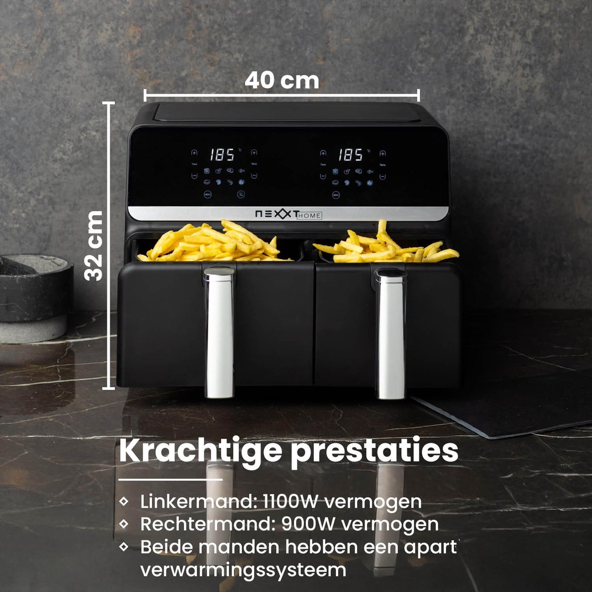 Afbeelding 3 van Nexxt Digitale Dubbele Airfryer XXL - Heteluchtfriteuse met Touchscreen – Inhoud 5,5 + 3,5 Liter – 8 Kookprogramma's - Zwart