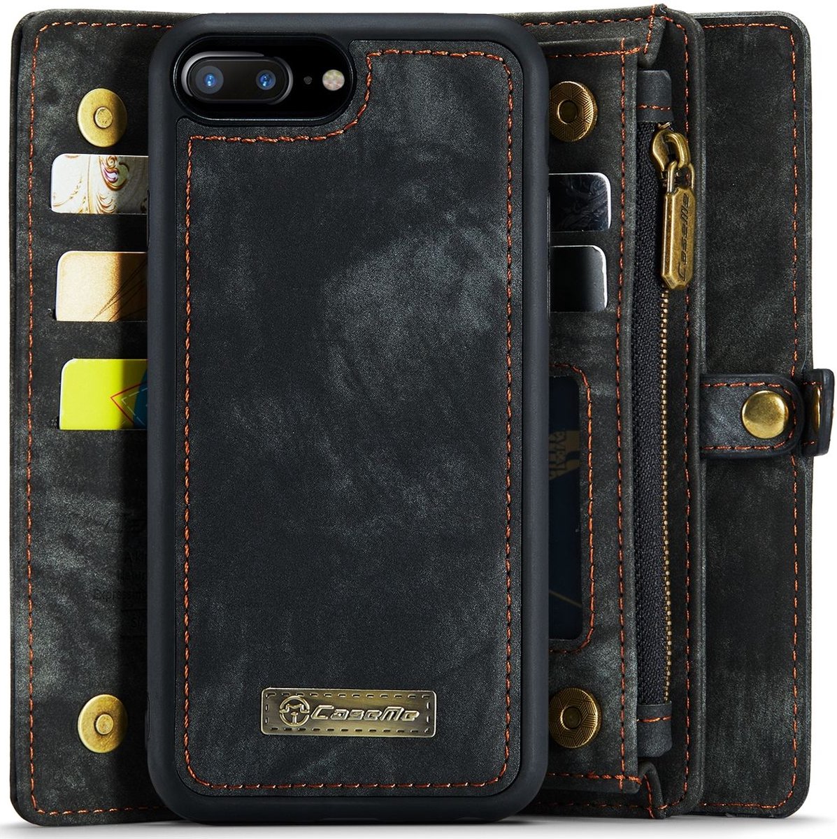 Caseme Telefoonhoesje geschikt voor Apple iPhone 7 Plus Hoesje | Caseme 008 Uitneembare 2in1 Bookcase Portemonnee | Pasjeshouder voor 8 Pasjes | Telefoonhoesje voor Pinpas / OV Kaart / Rijbewijs - Zwart