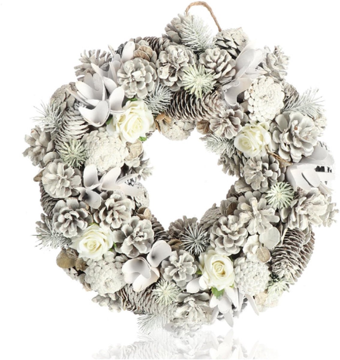 Deurkrans Voor Kerst - Witte Adventskrans Met Stoffen Roosjes - Sierkrans - Kerstversiering - Tafelkrans - Kerstkrans