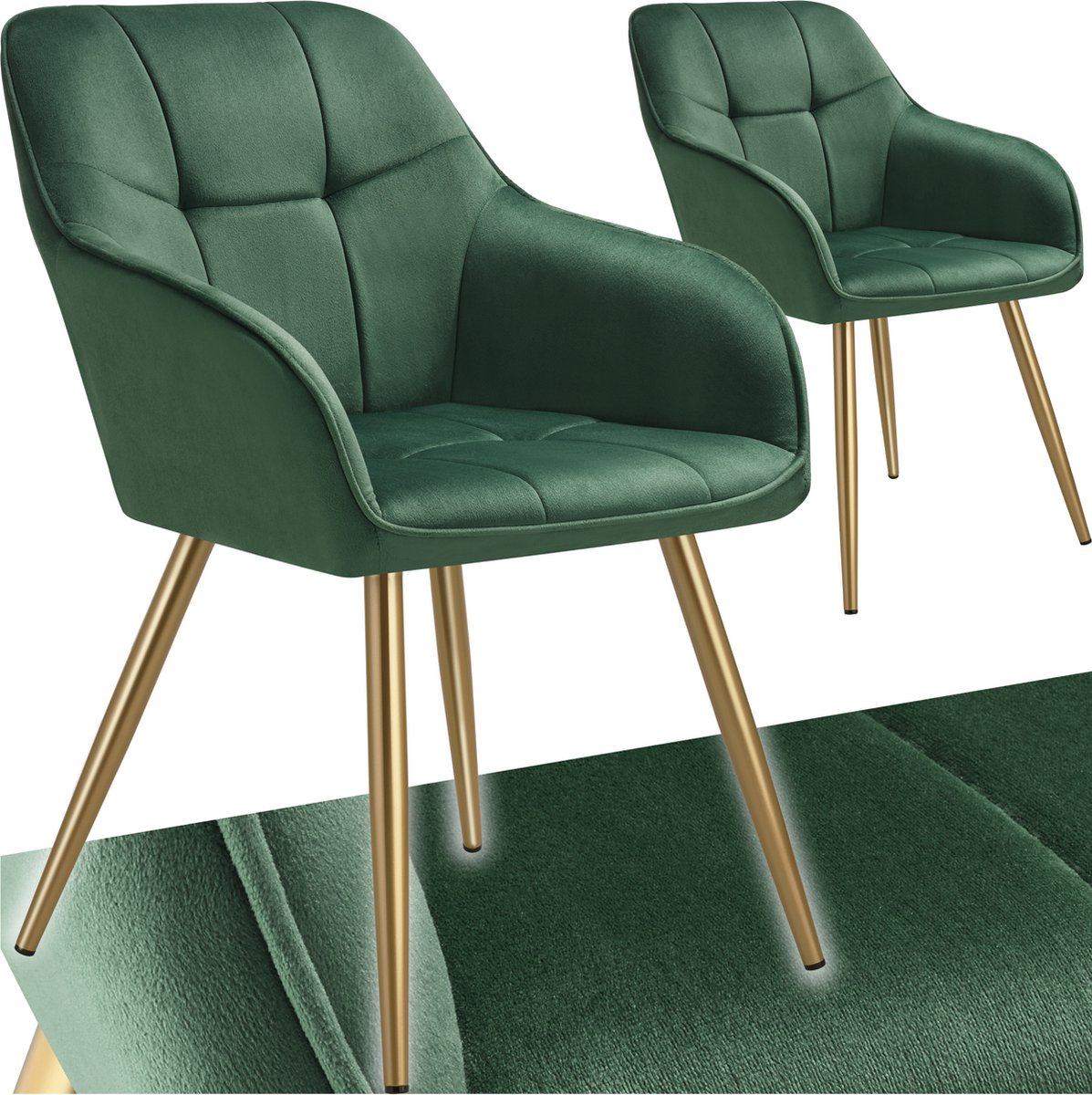 Tectake Eetkamerstoelen Marilyn - Set van 2 - Gestoffeerde Stoel in Fluweellook - Gecaptioneerd - Zwarte Stoelpoten - Ergonomische Keukenstoel - Doorlopende Rugleuning en Armleuningen - Stoel voor Woonkamer, Eetkamer, Slaapkamer - Groen