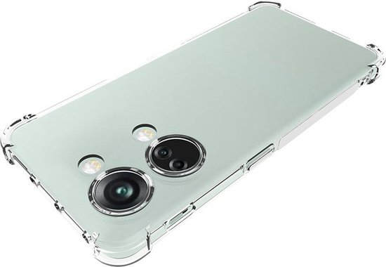 Doorzichtig TPU hoesje met verstevigde hoeken, omhult een lichtgroene telefoon met dubbele camera.