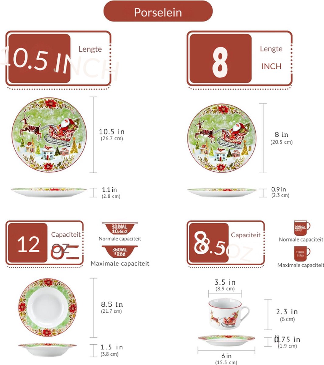 VEWEET Kerstdinersets voor 6 personen, porseleinen borden en kommenset