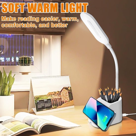 Mrs. Jones Bureaulamp led dimbare led-tafellamp 3 kleuren oogbescherming tafellamp voor kinderen met penhouder en mobiele telefoonhouder - draadloze oplaadfunctie - leeslamp voor kantoor . — afbeelding 5