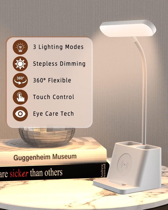 Mrs. Jones LED dimbare bureaulamp 3 modus Meerdere helderheidsniveaus Touch Reading Lamp bureaulampen met draadloze oplaadfunctie voor werken studeren . — afbeelding 5