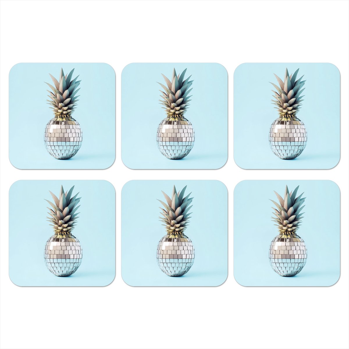 Onderzetters voor glazen - Blauw - Ananas - Disco - Discobal - 10x10 cm - Glasonderzetters - 6 stuks
