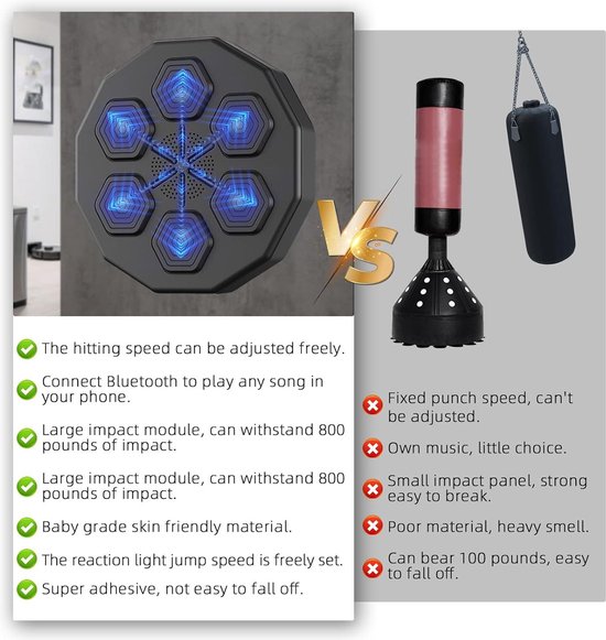 Lvelfe Muziekboksmachine, elektronische muziekboksmachine met bokshandschoenen, 9 snelheidsmodi en telmodus, ondersteunt bluetooth, cadeau voor volwassenen en kinderen