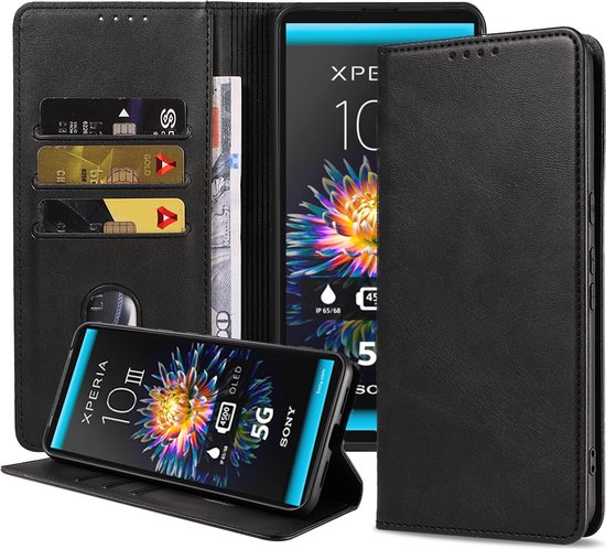 Smartphonica Étui pour Sony Xperia 10 III Étui en Simili Cuir avec Fermeture Magnétique et Porte-cartes Book Case avec Couverture - Zwart pour Sony