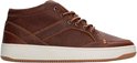 Zijkant bruine leren mid-top sneaker met witte zool en bruine zool.