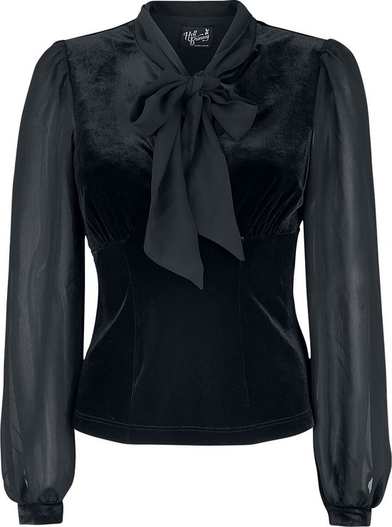 Blouse noire en velours avec détail de nœud et manches transparentes, avec logo 'Hell Bunny'.
