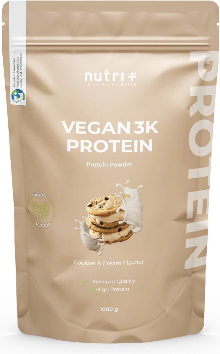 Goedkoopste nutri Vegan 3K Protein - Eiwitpoeder Cookies & Cream - Veganistisch proteïne poeder - met proteïnen uit soja, erwten en zonnebloem - lactosevrij en glutenvrij - 1000 g