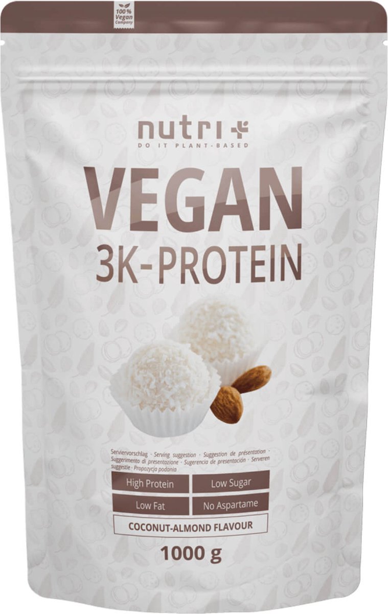Goedkoopste nutri Vegan 3K Protein - Eiwitpoeder Coconut Almond - Veganistisch proteïne poeder - met proteïnen uit soja, erwten en zonnebloem - lactosevrij en glutenvrij - 1000 g
