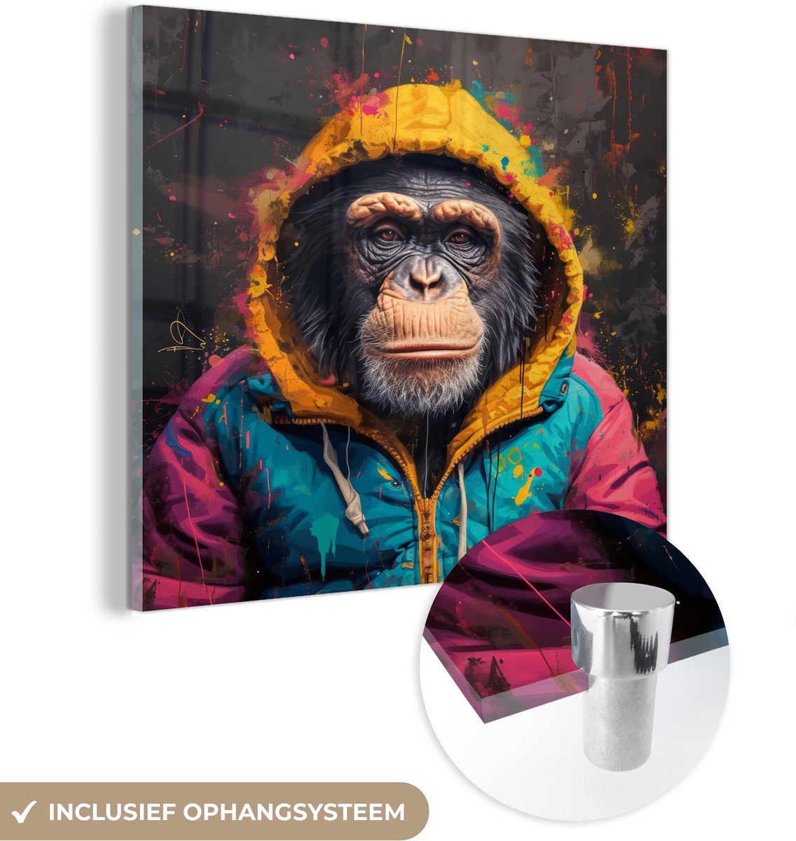 MuchoWow® Glasschilderij 50x50 cm - Schilderij acrylglas - Graffiti - Chimpansee - Jas - Aap - Verf - Foto op glas - Muurdecoratie woonkamer - Wanddecoratie slaapkamer - Schilderijen