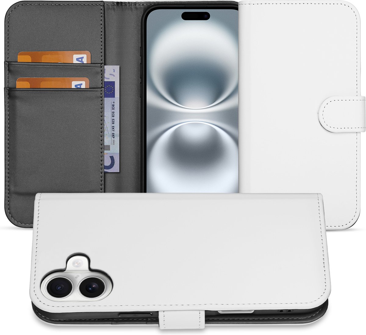 Book Case Telefoonhoesje voor de iPhone 16 Plus Wit met Pasjeshouder