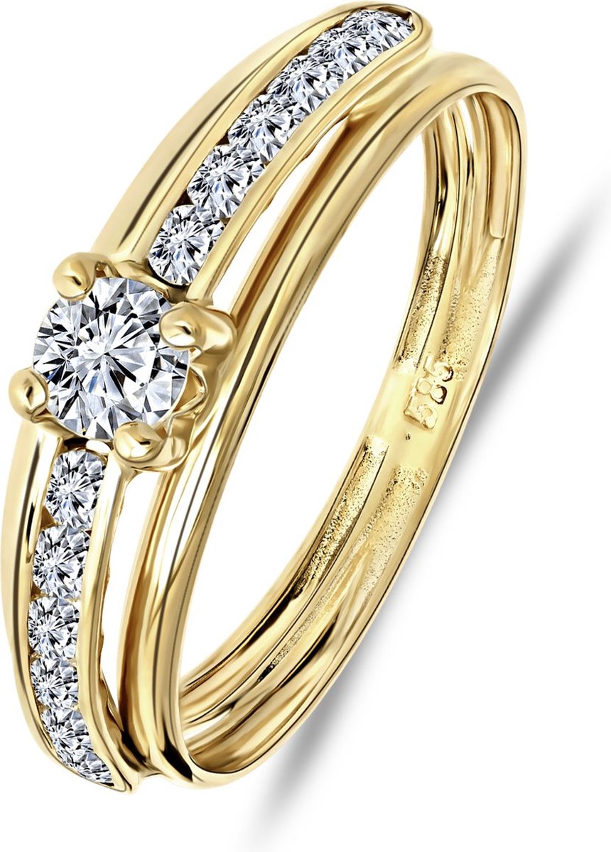 Lucardi Dames Ring met zirkonia - Ring - Cadeau - 14 Karaat Goud - Geelgoud