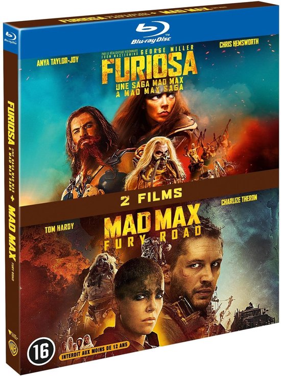 Blu-ray hoes met Furiosa: A Mad Max Saga en Mad Max: Fury Road. Bevat de hoofdpersonen van beide films, met leeftijdsindicatie 16.