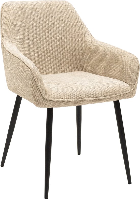 Chaise de salle à manger beige avec accoudoirs et pieds noirs, vue de côté.