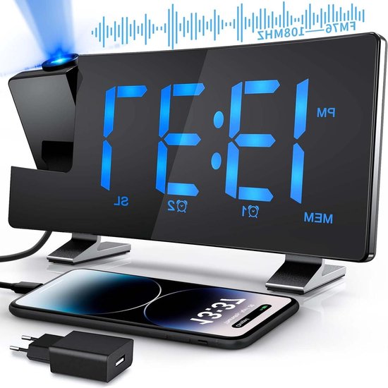 180 Graden Projectie LED-Wekker met Temperatuurweergave, Groothoek HD-scherm, Praktische Wekker (Zwart