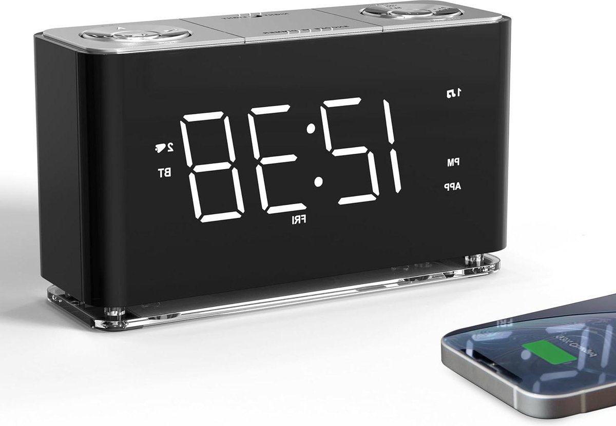 Mrs. Jones Wekkerradio Digitale FM-radio Niet tikkend dubbel alarm met snooze Opladen via USB Nachtlampje Dimmerbediening Slaap-naar-radiotimer Extra ingang Back-upbatterij .