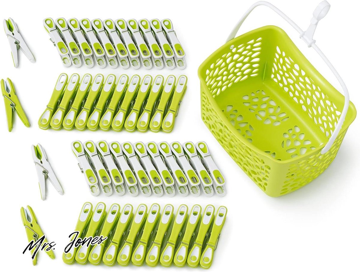 Mrs. Jones Premium wasknijpers 48 stuks groen-wit-groen mand groen handvat wit .