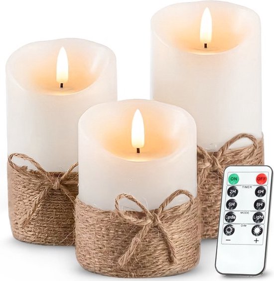 Drie witte LED-kaarsen met touwdecoratie en een afstandsbediening.