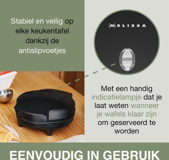 Zwart wafelijzer met antislipvoetjes en indicatielampje, met tekst over gebruiksgemak.