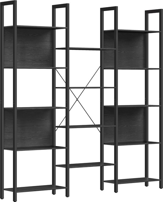 XL Boekenkast - Boekenrek met 14 plank - Open kast en metalen frame Industrieel hout - zwart