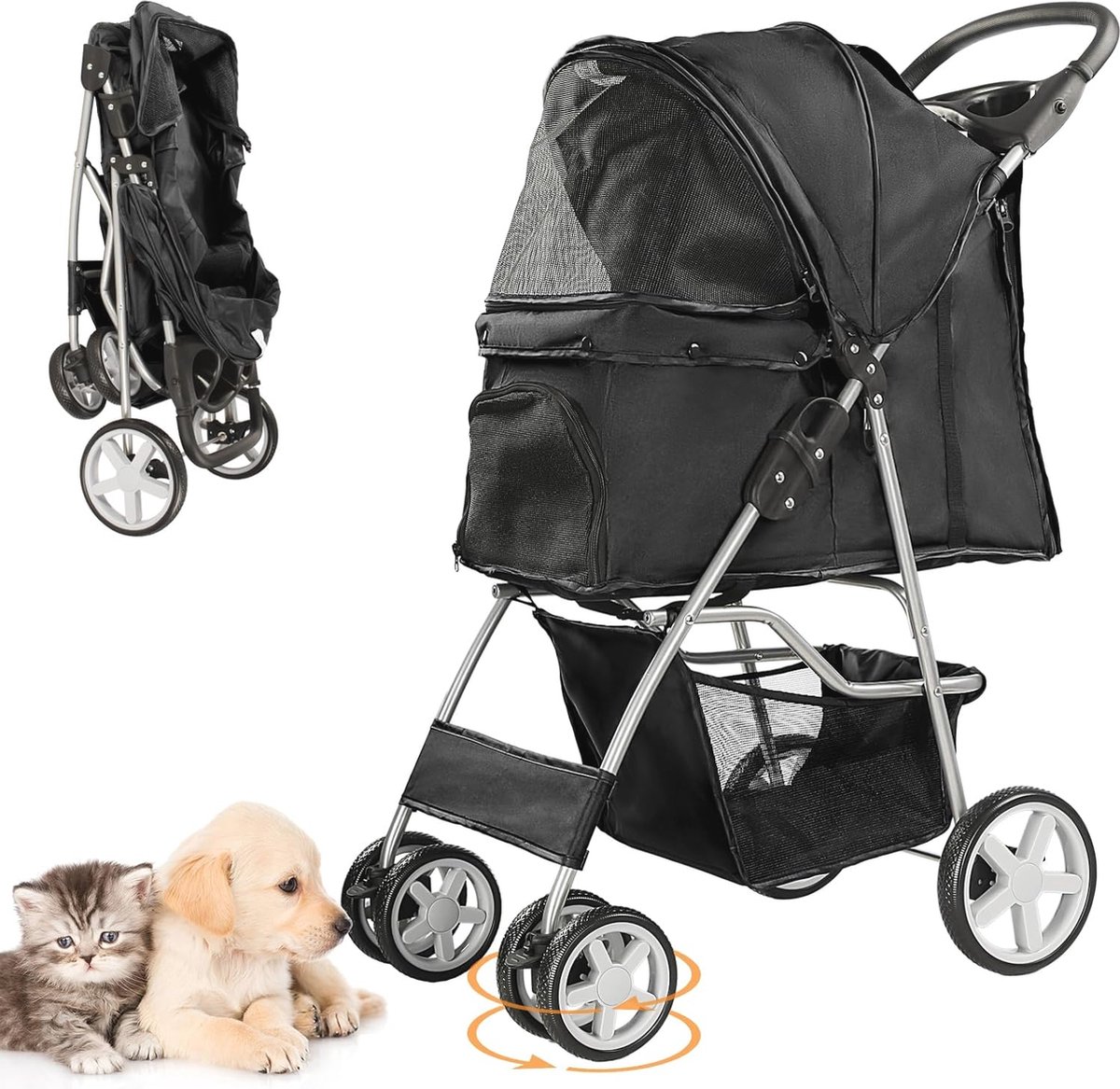 Wandelwagen voor kleine honden en katten - Opvouwbare reiskinderwagen met opbergmand, bekerhouder en 360 graden zicht