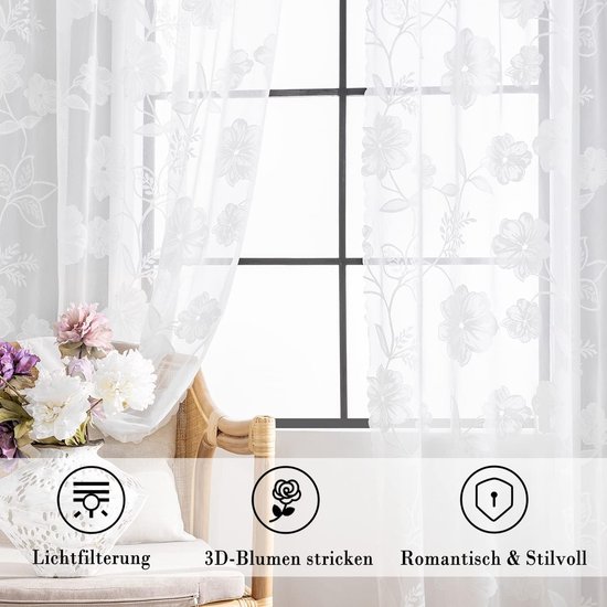 MIULEE Gordijnen met bloemenborduurpatroon, gordijnen wit voor woonkamer, slaapkamer gordijn met oogjes, set van 2, voile, doorzichtige gordijnen, 145 x 140 cm (h x b MIULEE Gordijnen met bloemenborduurpatroon, gordijnen wit voor woonkamer, slaapkamer gordijn met oogjes, set van 2, voile, doorzichtige gordijnen, 145 x 140 cm (h x b