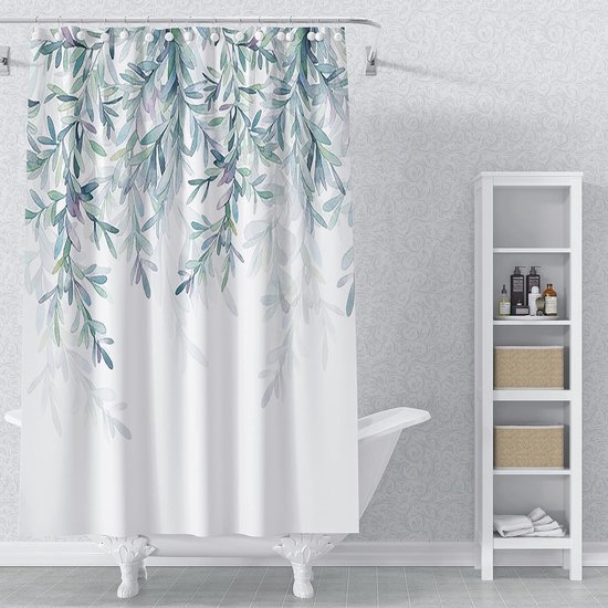 Decoratieve aquarel bloemen douchegordijn set, blauw beige bloemen douchegordijn, moderne minimalistische witte douchegordijn, waterdichte stof, 12 haken | NL