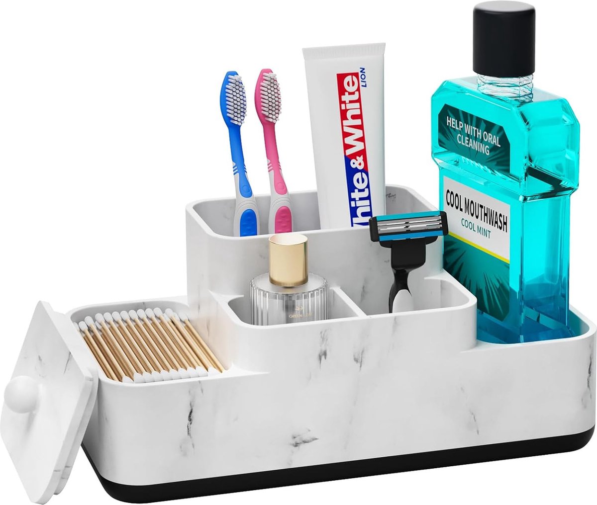 JGS ® Multifunctionele Marmerlook Tandenborstelhouder met Deksel voor Badkamer Organisatie