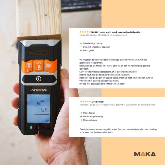 MAKA 5-in-1 detector in gebruik, toont vochtmeting van 7,5%. De detector is een handig en nauwkeurig apparaat.
