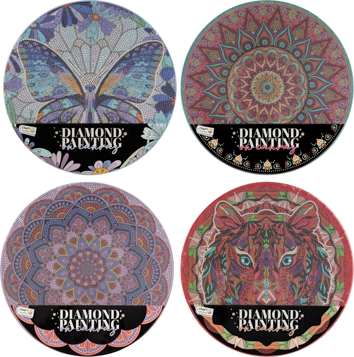 Craft Sensations Diamond Painting voor Volwassenen - 4 Varianten - Ronde Canvas - Formaat 30cm - Thema Vlinder, Tijger & Mandala's - Diamond Painting Pakket Volledig