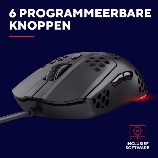 Zwarte gamingmuis met 6 programmeerbare knoppen, honingraatpatroon en rode LED-rand