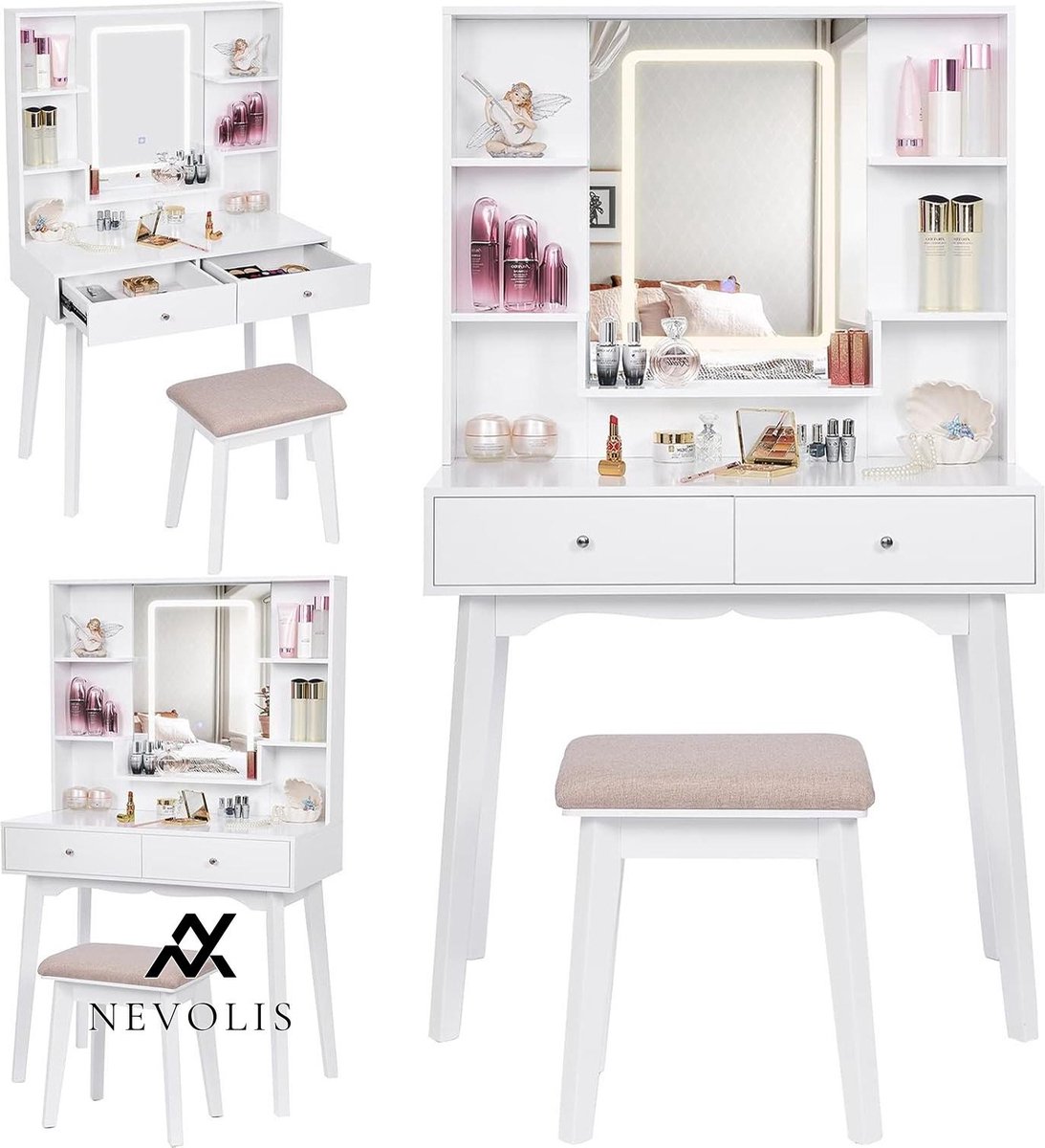 Nevolis Make-uptafel met verlichting en kruk - LED-verlichting - 5 laden - meisjes kaptafel - wit .