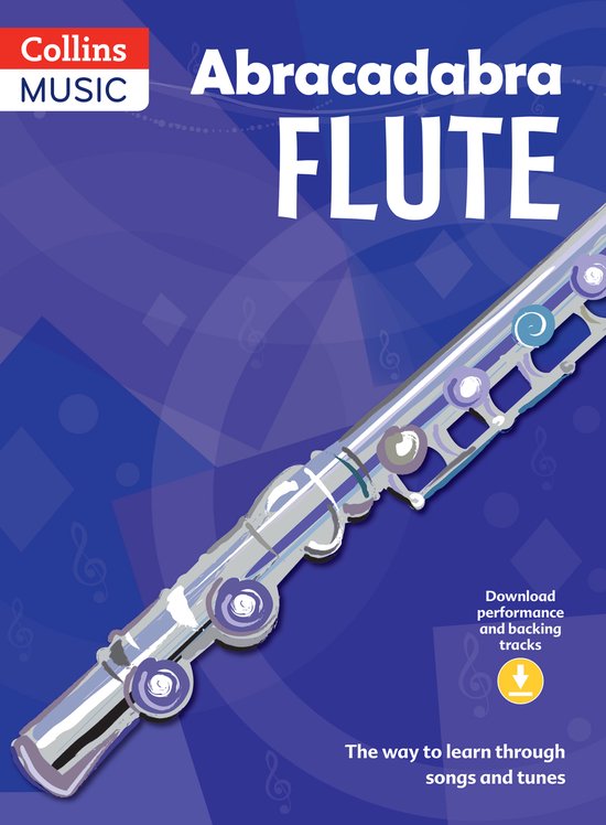 Abracadabra Flute, Collins Music. Een dwarsfluit met een paars patroon op de achtergrond.