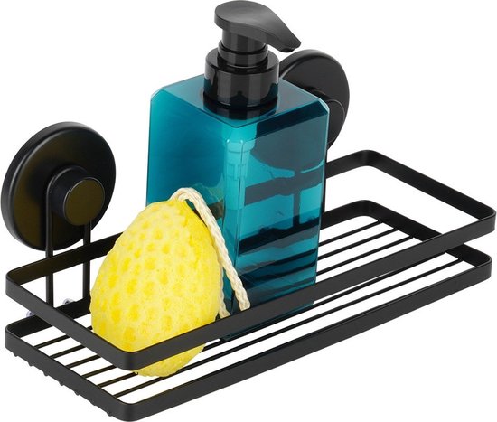 Support de Douche Métal Zwart avec Ventouses 25x10x8,5 cm - Etagère de Douche - Etagère de Salle de Bain