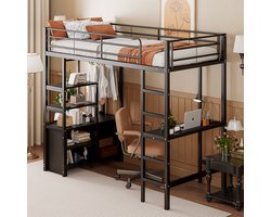 Gutent Kinderbed, Zwart (Zonder matras), 90*200cm, IJzeren bed , met Bureau, met Stopcontacten en USB, Meerdere planken, Open kast, Ladder (zonder stoel)