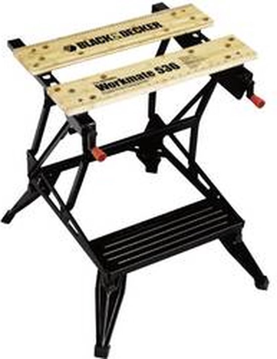 Zwarte Black & Decker Workmate 536 werkbank met houten werkblad, zilveren accenten.