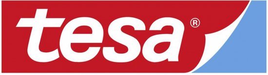 Tesa logo op rode achtergrond met blauw deel