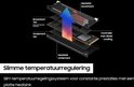 Exploded-view diagram van Samsung 990 PRO SSD met heatsink, met uitleg over temperatuurregulering.