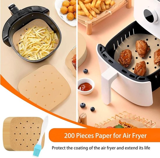 HONYAO Airfryer Bakpapier 20x20 cm, 100 stuks Wegwerp Bakpapier XXL voor Hetelucht Friteuse 5-8 L, non-stick Air Fryer Papieren Voeringen voor Frituren, Bakken, Braden en Oliebestendig - Vierkante
