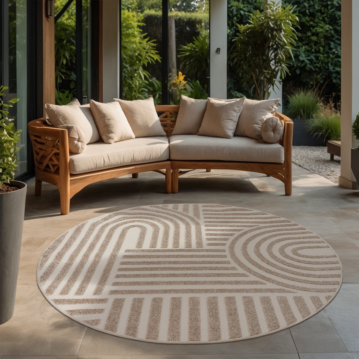 Muratap Berlin Outdoor - Japandi - Rond - Beige - Vloerkleed Binnen en Buiten - Laagpolig Tapijt Tuin- 120 CM ROND