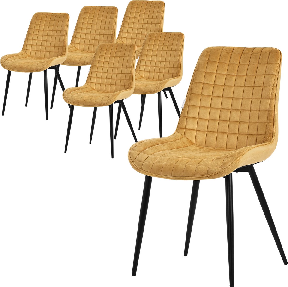ml-design Set van 6 Eetkamerstoelen – Mosterdgele Fluwelen Zitting – Zwarte Metalen Poten – Met Rugleuning Geel