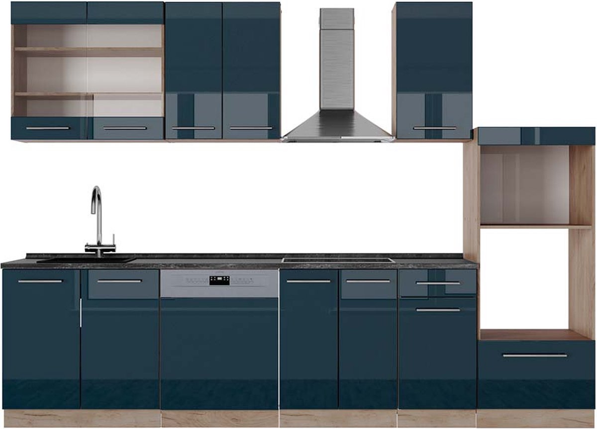 Vicco Fame-Line Complete keukeneenheid – 300 cm met hoge kast, WB Antraciet Donkerblauw hoogglans/gouden eik