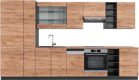 Vicco Fame- Line complète, cuisine équipée – 355 cm, chêne WB, finition chêne doré/anthracite