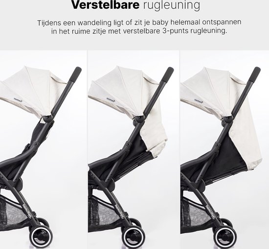 Detailopname van de verstelbare rugleuning van een zwarte buggy.