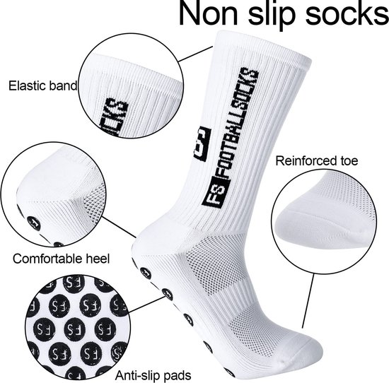 Chaussette de sport blanche avec inscription 'FS FOOTBALL SOCKS'. Ourlet, pointe, talon et picots antidérapants sont agrandis.