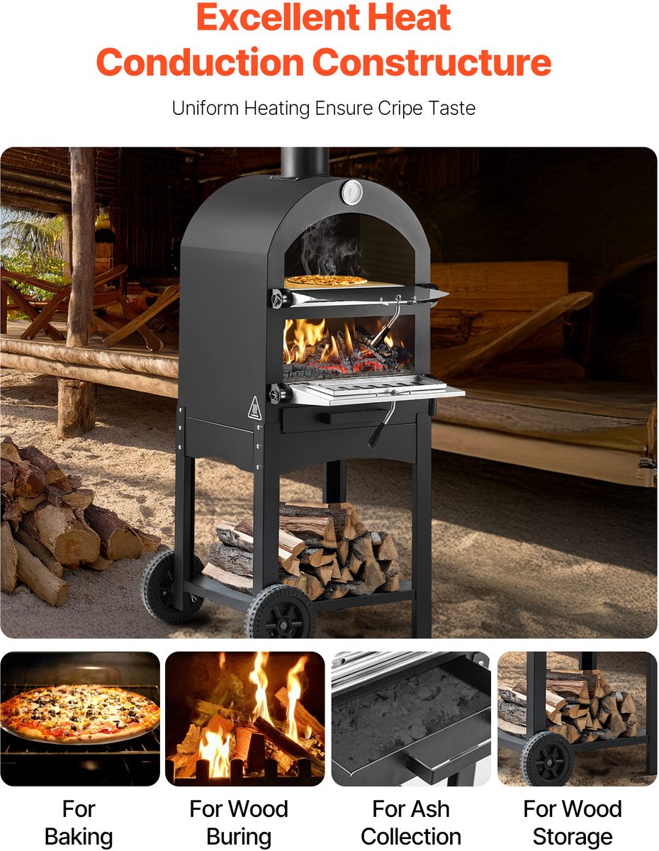 VEVOR Pizzaoven 12 Inch Pelletoven, 2-Laags Houtgestookte Pizzaoven, Houtgestookte Buitenoven met 2 Afneembare Wielen, Pizzamaker met Een Maximale Temperatuur van 540 °C voor Grillen – foto 7
