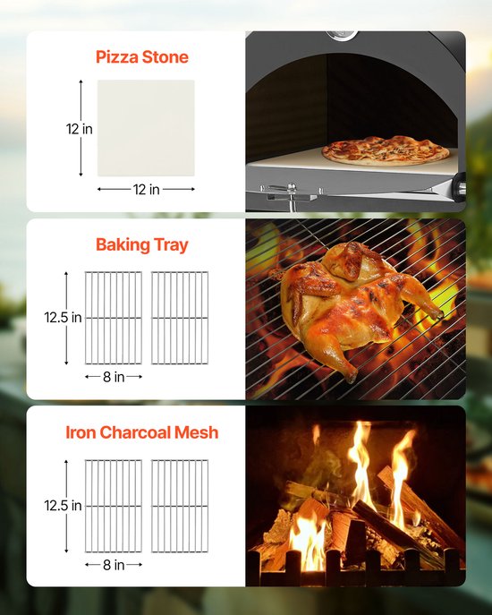 VEVOR Pizzaoven 12 Inch Pelletoven, 2-Laags Houtgestookte Pizzaoven, Houtgestookte Buitenoven met 2 Afneembare Wielen, Pizzamaker met Een Maximale Temperatuur van 540 °C voor Grillen van VEVOR — afbeelding 4