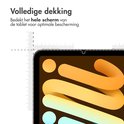Detail van een iPad Mini met screenprotector, met liniaal die de volledige dekking aangeeft. "Volledige dekking".